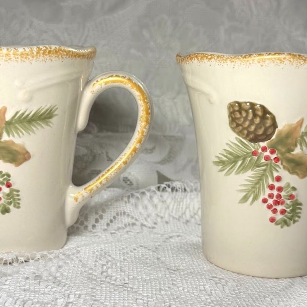PFALTZGRAFF Garland Spruce Mug - Set of 2, Embossed Poinsettia, Berry, Pine Cone
